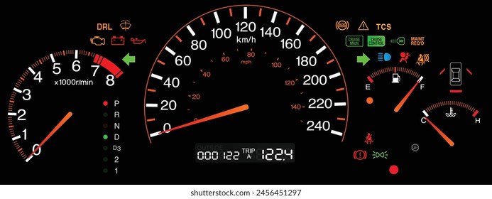 Realistic Japanese sport coupe car instrument panel Canadian specification with lcd trip meter display illumination in orange color and automatic gearbox position indicator illustration vector.