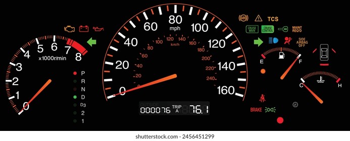 Realistic Japanese sport coupe car instrument panel U.S. specification with lcd trip meter display illumination in orange yellow color and automatic gearbox position indicator illustration vector.