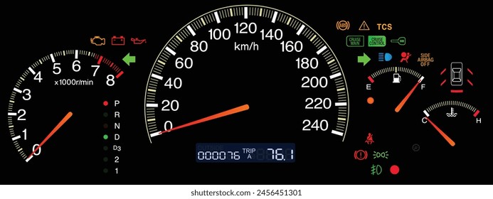 Realistic Japanese sport sedan car instrument panel Thai specification with lcd trip meter display illumination in fade yellow color and automatic gearbox position indicator illustration vector.