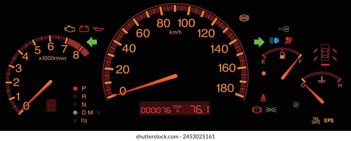 Realistic Japanese sport wagon car instrument panel Japanese specification with lcd trip meter display illumination in orange color and automatic gearbox position indicator illustration vector.