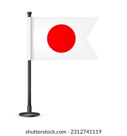 Realistic Japanese table flag on a black steel pole. Souvenir from Japan. Desk flag made of paper or fabric and shiny metal stand. Mockup for promotion and advertising. Vector illustration