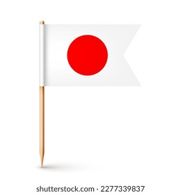 Realistic Japanese toothpick flag. Souvenir from Japan. Wooden toothpick with paper flag. Location mark, map pointer. Blank mockup for advertising and promotions. Vector illustration