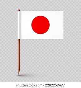 Realistic Japanese toothpick flag. Souvenir from Japan. Wooden toothpick with paper flag. Location mark, map pointer. Blank mockup for advertising and promotions. Vector illustration