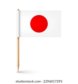 Realistic Japanese toothpick flag. Souvenir from Japan. Wooden toothpick with paper flag. Location mark, map pointer. Blank mockup for advertising and promotions. Vector illustration svg