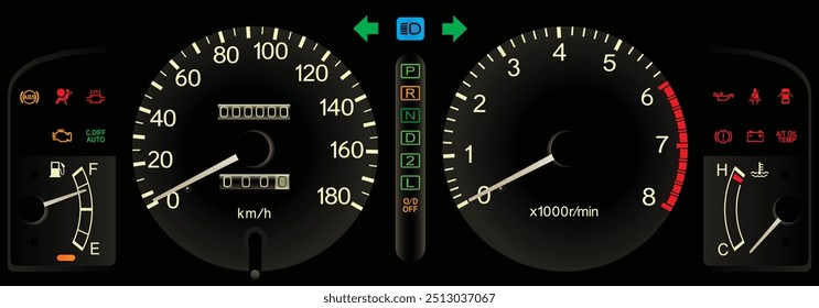 Realistic Japanese top trim four wheel drive model Japanese specs instrument panel with automatic transmission include additional safety function indicator in white theme illustration vector.