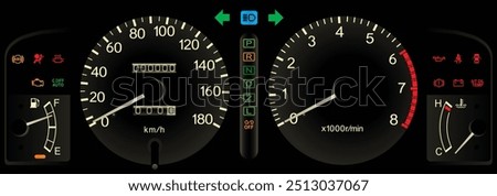 Realistic Japanese top trim four wheel drive model Japanese specs instrument panel with automatic transmission include additional safety function indicator in white theme illustration vector.