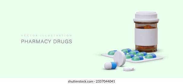 Realistic jar, blister pack with pills and different kind of pills. Medical poster, advertising campaign for private clinic. Pharmacy drugs concept. Vector illustration