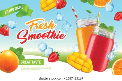 Realistic jar cocktail smoothie horizontal advertising poster with ice cubes fruit slices editable text and drinking bottles vector illustration