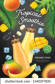 Realistic jar cocktail smoothie vertical advertising poster with composition of tropical leaves fruits and drinking bottles vector illustration