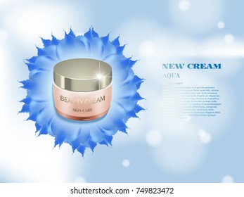 Realistic jar of cosmetic product in central of romantic blue flowers.Vector 3d illustration bottle of tone cream,concealer,foundation.Beauty and cosmetics background.