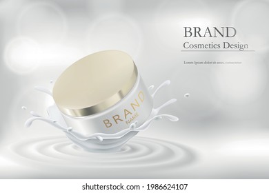 Realistic jar of cream in a splash of milk. Cosmetic product packaging mockup in light colors on the background of flying liquid and bokeh.