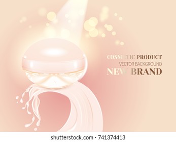 Realistic jar with crown creamy splashes.Advertising cosmetic cream,blur and bokeh background, sparkling effect.Design cosmetics product, 3d vector illustration.