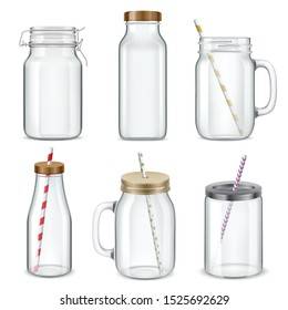 Realistic jar glass cup for detox water cocktail smoothie set of isolated images on blank background vector illustration