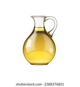 Frasco realista de aceite de oliva, jarra aislada de vidrio vectorial 3d con cuello estrecho y mango, lleno de líquido rico y dorado, brillando en la luz. Aceite de cocina extra virgen premium, esencial culinaria