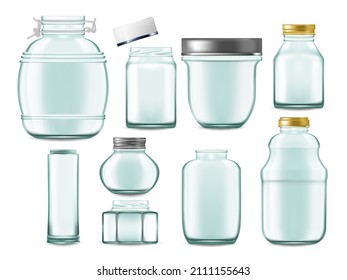 Realistic jars. Transparent empty glass containers for food preserves and drinks. Vector isolated set