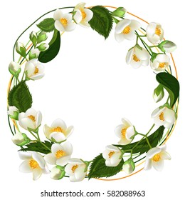 Realistic Jasmine Flowers. Wedding Decorations. Card Spring Time on Background with White Flowers. Design for Organic Cosmetics, Beauty Wedding Store, Perfume, Oil, Homeopathy, Aromatherapy Collection