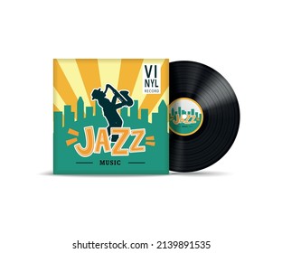 Realistic jazz music vinyl record cover design in retro style against white background vector illustration