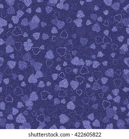 Realistic jeans seamless texture in deep blue colors with hearts pattern. Denim background. Vector illustration