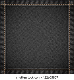 Realistic jeans texture in deep gray colors with frame from seams and thread stitches. Denim pattern background. Vector illustration