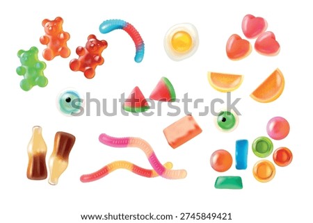 Realistic jelly candy. 3d gummy candies sweet bear fruit cola bottle, soft chewy marmalade worm sugar dessert lollipop bubble gum snack assorted shape, exact vector illustration