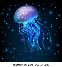 Realistic jellyfish blue lightening, poisonous jellyfish in dark deep water with glowing plankton, deep ocean creature, vector illustration