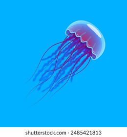 Realistic jellyfish blue lightening, poisonous jellyfish in deep water with deep ocean creature, vector illustration