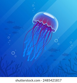 Realistic jellyfish blue lightening, poisonous jellyfish in deep water with deep ocean creature, vector illustration