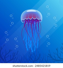 Realistic jellyfish blue lightening, poisonous jellyfish in deep water with deep ocean creature, vector illustration