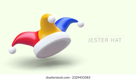 Realistic jester hat. Classic headdress of clown, comedian. Clothes for costume party, fun. Vector poster with text. Specific accessories for animators