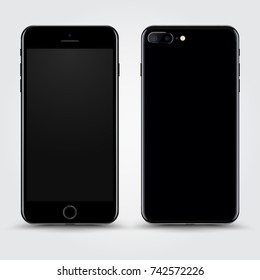 Realistic Jet Black Smartphone with Blank Screen isolated on Background. Front and Back View For Print, Web, Application. High Detailed Device Mockup Separate Groups and Layers. Easily Editable Vector