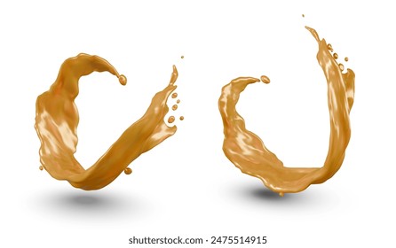 Realistic jet of yellow liquid, engaged at moment of movement. Juice, beverage, drink, sauce