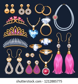 Realistic jewelry accessories icons set. Tiaras and rings. Gold and diamond pearl gemstones pendant and necklace vector illustration. Stud hoop drop dangle earrings designs.