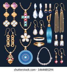 Realistic jewelry accessories icons set. Tiaras and rings. Gold and diamond pearl gemstones pendant and necklace vector illustration. Stud hoop drop dangle earrings designs.