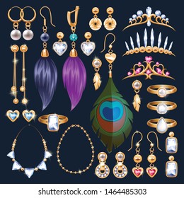 Realistic jewelry accessories icons set. Tiaras and rings. Gold and diamond pearl gemstones pendant and necklace vector illustration. Stud hoop drop dangle earrings designs.