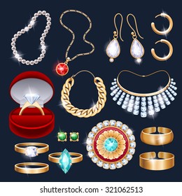 REalistic jewelry accessories icons set. Necklace bracelet gold chain diamond pearl earrings pendant rings vector illustration.