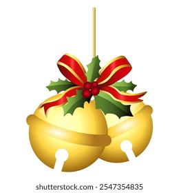 Realistic jingle bells Christmas Hanging on red ribbon and holly berries leaves vector illustration. Golden jingle bells christmas decoration element.