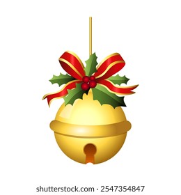 Realistic jingle bells Christmas Hanging on red ribbon and holly berries leaves vector illustration. Golden jingle bells christmas decoration element.