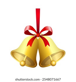 Realistic jingle bells Christmas hanging on red ribbon and holly berries leaves vector illustration. Golden jingle bells christmas decoration element. Christmas bells with ribbon.