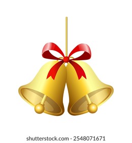 Realistic jingle bells Christmas hanging on red ribbon and holly berries leaves vector illustration. Golden jingle bells christmas decoration element. Christmas bells with ribbon.