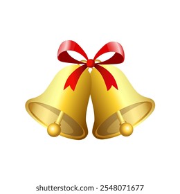 Realistic jingle bells Christmas hanging on red ribbon and holly berries leaves vector illustration. Golden jingle bells christmas decoration element. Christmas bells with ribbon.