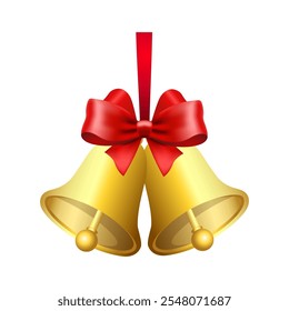 Realistic jingle bells Christmas hanging on red ribbon and holly berries leaves vector illustration. Golden jingle bells christmas decoration element. Christmas bells with ribbon.