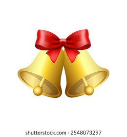 Realistic jingle bells Christmas hanging on red ribbon and holly berries leaves vector illustration. Golden jingle bells christmas decoration element. Christmas bells with ribbon.