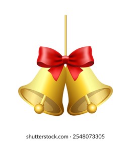 Realistic jingle bells Christmas hanging on red ribbon and holly berries leaves vector illustration. Golden jingle bells christmas decoration element. Christmas bells with ribbon.