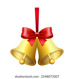 Realistic jingle bells Christmas hanging on red ribbon and holly berries leaves vector illustration. Golden jingle bells christmas decoration element. Christmas bells with ribbon.