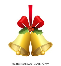 Realistic jingle bells Christmas hanging on red ribbon and holly berries leaves vector illustration. Golden jingle bells christmas decoration element. Christmas bells with ribbon.