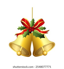 Realistic jingle bells Christmas hanging on red ribbon and holly berries leaves vector illustration. Golden jingle bells christmas decoration element. Christmas bells with ribbon.