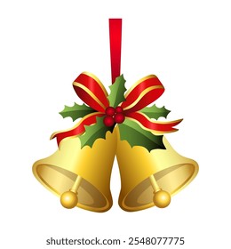 Realistic jingle bells Christmas hanging on red ribbon and holly berries leaves vector illustration. Golden jingle bells christmas decoration element. Christmas bells with ribbon.