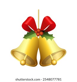 Realistic jingle bells Christmas hanging on red ribbon and holly berries leaves vector illustration. Golden jingle bells christmas decoration element. Christmas bells with ribbon.