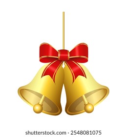 Realistic jingle bells Christmas hanging on red ribbon and holly berries leaves vector illustration. Golden jingle bells christmas decoration element. Christmas bells with ribbon.