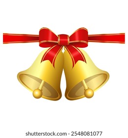 Realistic jingle bells Christmas hanging on red ribbon and holly berries leaves vector illustration. Golden jingle bells christmas decoration element. Christmas bells with ribbon.